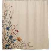 ベージュボーダー ラスティックボーホー ワイルドフラワー シャワーカーテン (正面)