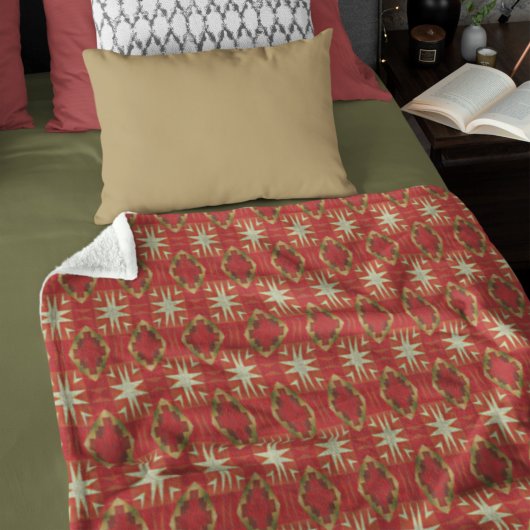 ベージュマスタードグリーンブラウンレッドオレンジトライバルアート フリースブランケット