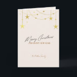 ベージュミニマルクリスマスカーカスタムド写真 カード<br><div class="desc">ライトベージュミニマルクリスマスの折り畳みカード、金ゴールドスターのアクセント、メッセージのためのカスタマイズ可能な文字、およびカスタム背面の写真。</div>