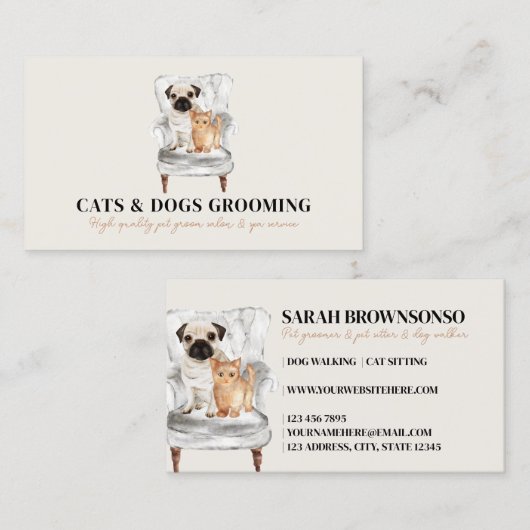 ベージュミニマルソファモダンパグドッグキャットペット 名刺 (正面/裏面)