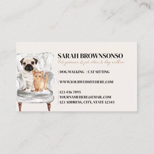 ベージュミニマルソファモダンパグドッグキャットペット 名刺 (裏面)