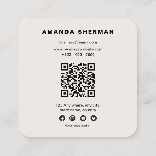 ベージュミニマルプロフェッショナルスキャナブルQRコード スクエア名刺 (裏面)