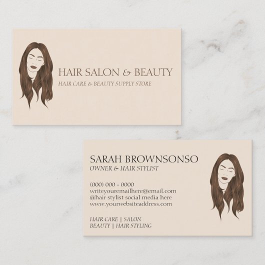 ベージュミニマルロングスモダンカット美容師 名刺 (正面/裏面)