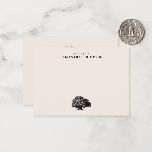 ベージュミニマルヴィンテージツリー名前をカスタムする ノートカード (正面/裏面インサイチュ)