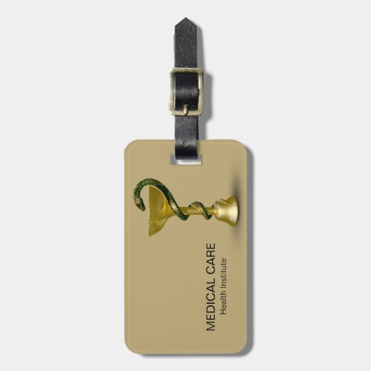 ベージュメディカルボウル衛生的金ゴールドスネークカドゥセウス ラゲッジタグ (正面縦)