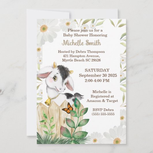 ベージュモダンかわいいフローラファームカウベイビーシャワー 招待状 (正面)