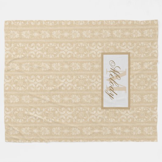 ベージュモダンとクリームフローラダマスクモノグラムの フリースブランケット (正面(横))