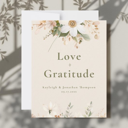 ベージュモダンウォーターフローラ結婚ズ サンキューカード