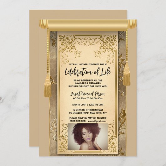 ベージュモダンサテンのスクロール房セピア写真 招待状 (正面/裏面)