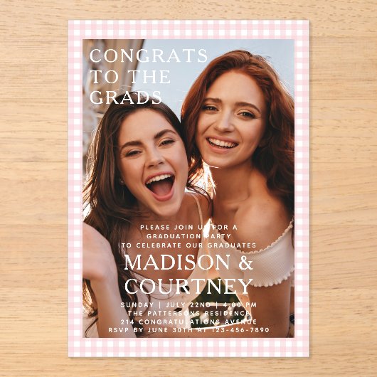 ベージュモダンジンガム写真卒業パーティー アクリル招待状 (正面)