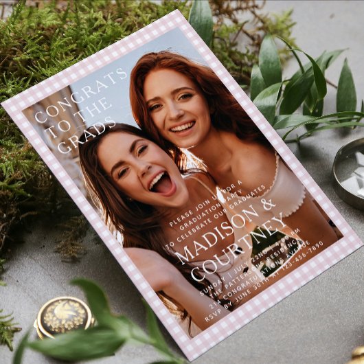 ベージュモダンジンガム写真卒業パーティー 招待状