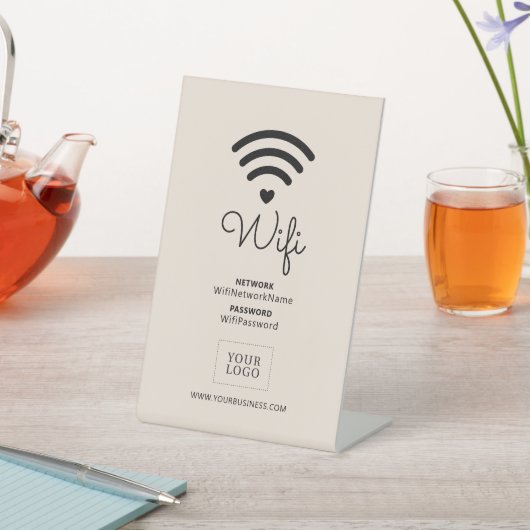 ベージュモダンハートビジネスWiFiパスワード記号 台座サイン (インサイチュ)