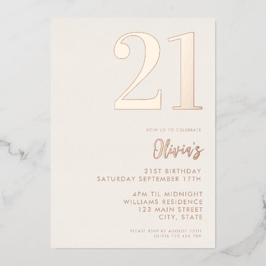 ベージュモダンバラ金ゴールドエレガント21歳の誕生日 箔招待状 (正面)