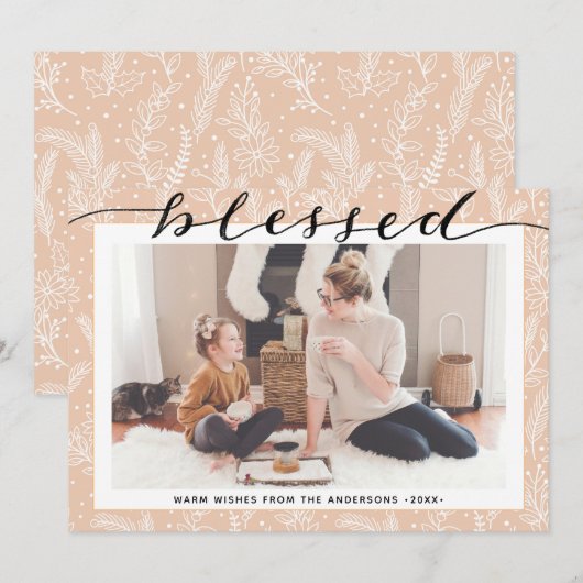 ベージュモダンパイン枝スクリプエレガントトのミニマル シーズンカード (正面/裏面)