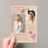 ベージュモダンピンクバタフライ写真卒業パーティー アクリル招待状 (インサイチュ (ポータブル))