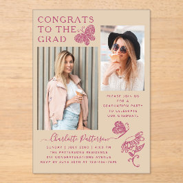 ベージュモダンピンクバタフライ写真卒業パーティー アクリル招待状