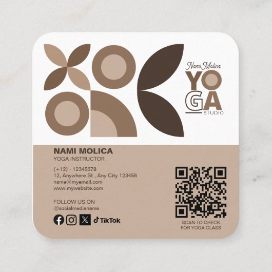ベージュモダンブラウンパターンヨガスタジオ スクエア名刺 (裏面)