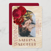 ベージュモダンブルゴーニュフローラアーチ写真結婚の 招待状 (正面/裏面)