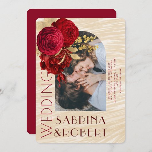 ベージュモダンブルゴーニュフローラアーチ写真結婚の 招待状 (正面/裏面)