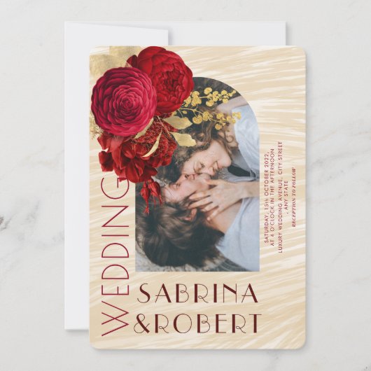 ベージュモダンブルゴーニュフローラアーチ写真結婚の 招待状 (正面)