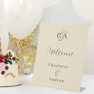 ベージュモダンモノグラシンプルム結婚の歓迎 台座サイン