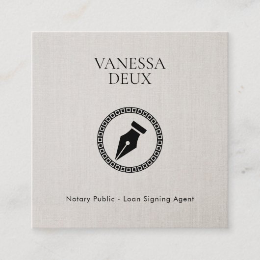 ベージュモダンリネン公証人ペンQRロエレガントゴ スクエア名刺 (正面)