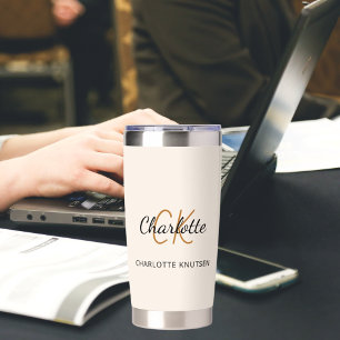 ベージュモノグラムイニシャル名シンプル 保温保冷タンブラー