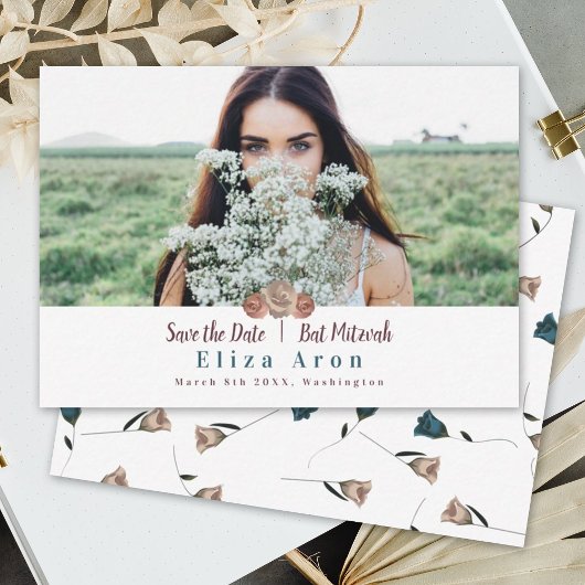 ベージュライトモーヴローズバットミッツヴァーSave the Date アドバイスカード