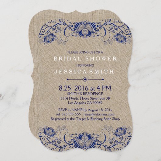 ベージュリネンとネイビーブルーレース 招待状 (正面/裏面)