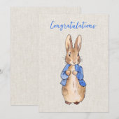 ベージュリネンの背景を持つウサギのピーター 招待状 (正面/裏面)
