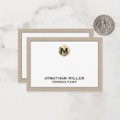 ベージュリネン金ゴールドイニシャルモノグラム ノートカード (正面/裏面インサイチュ)