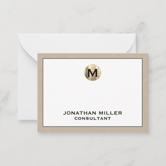 ベージュリネン金ゴールドイニシャルモノグラム ノートカード (正面)