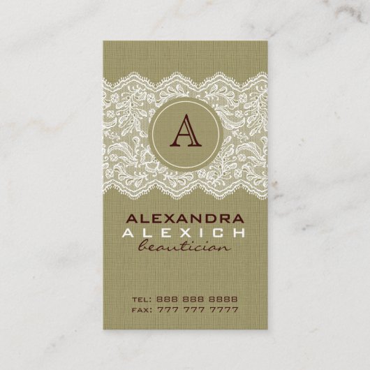 ベージュリネン&ホワイトヴィンテージリネン&レース 名刺 (正面)