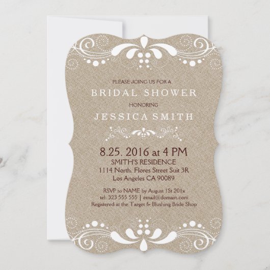 ベージュリフェイクネンホワイトスワーズブライダルシャワー招待状 招待状 (正面)