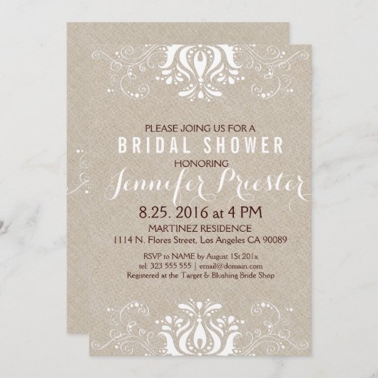 ベージュリフェイクネンホワイトレースブライダルシャワー招待状 招待状 (正面/裏面)