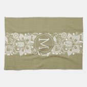 ベージュリフェイクネン&ホワイトフローラレース キッチンタオル (横)