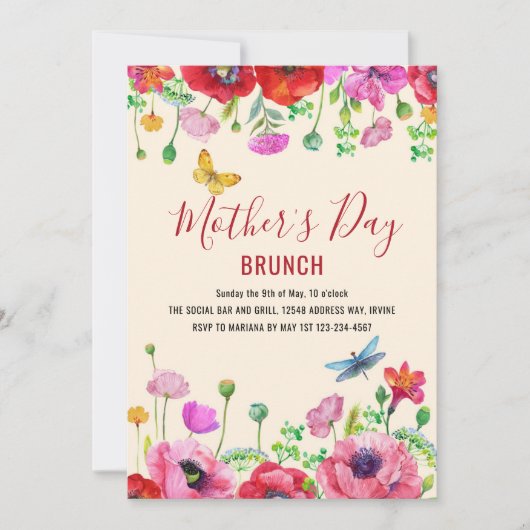 ベージュレッドウォーターカラーフローラマザーズデイブランチ 招待状 (正面)