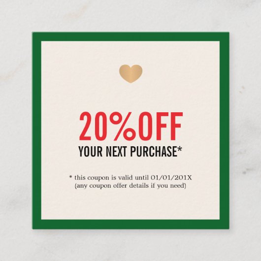 ベージュレッドエレガントグリーンハートサロンホリデイ 割引カード (正面)