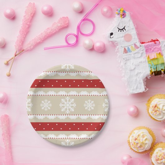 ベージュレッドエレガントホワイトクリスマススノーフレークデザイン ペーパープレート (パーティー)