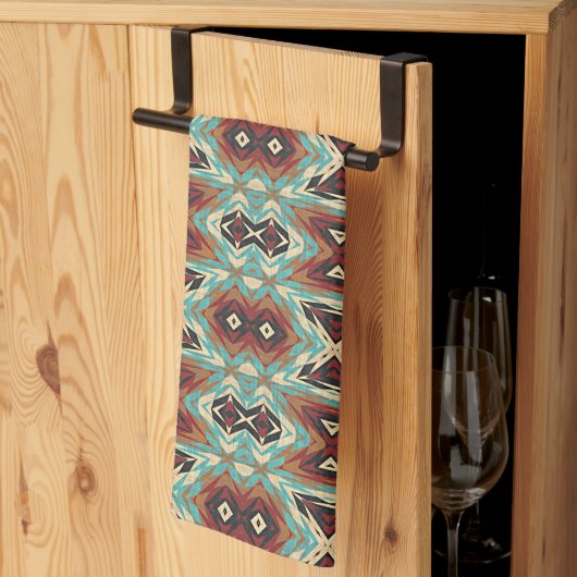 ベージュレッドブラウンアクアブルーグリーンブラックトライバルアート キッチンタオル (三つ折り)