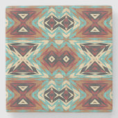 ベージュレッドブラウンアクアブルーグリーンブラックトライバルアート ストーンコースター (正面)