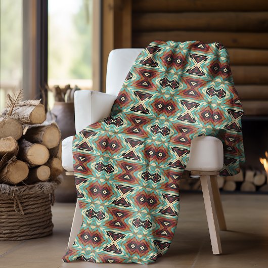 ベージュレッドブラウンアクアブルーグリーンブラックトライバルアート フリースブランケット