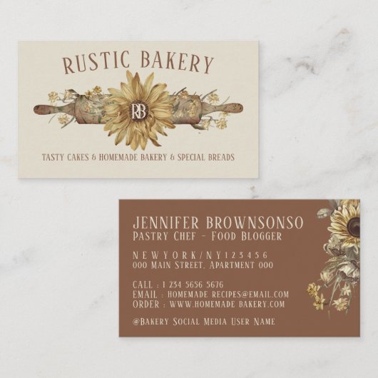 ベージュレトロウッド転がズピンヒマワリベーカリー 名刺 (正面/裏面)