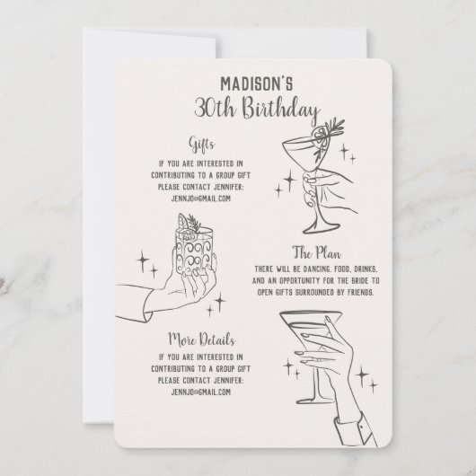 ベージュレトロカクテルパーティーブライダルシャワー招待状 (裏面)