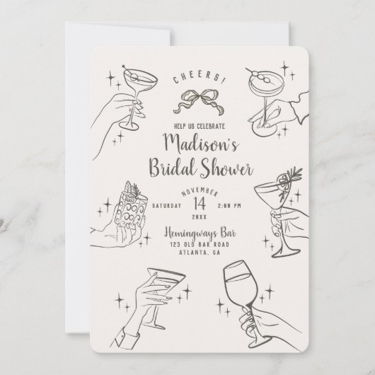 ベージュレトロカクテルパーティーブライダルシャワー招待状 (正面)