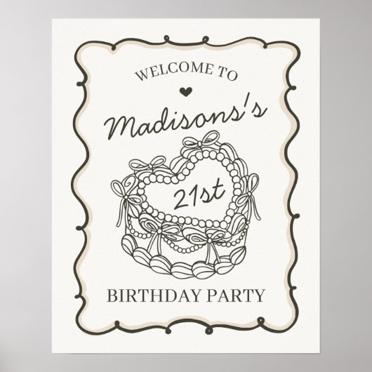 ベージュレトロハートコケットケーキ誕生日ウェルカム ポスター (正面)