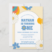 ベージュレトロビニール第1子供の誕生日グルーヴィーフローラ 招待状 (正面)