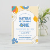 ベージュレトロビニール第1子供の誕生日グルーヴィーフローラ 招待状 (スタンド正面)