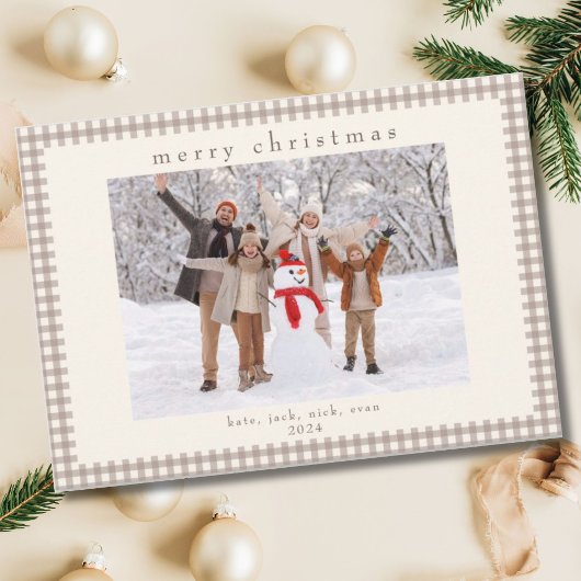 ベージュヴィンテージギンガムチェッククリスマスフォト シーズンカード