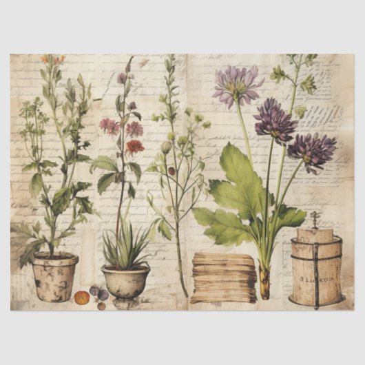 ベージュヴィンテージ水彩ナチュラルワイルドフラワー 薄葉紙 (正面)